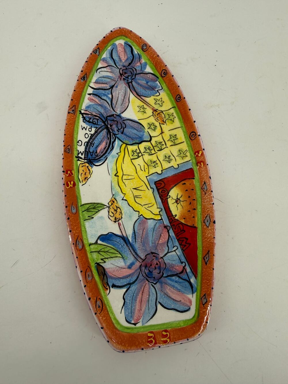 Hand Painted Ceramic Floral Trinket Dish Colorful Folk Art Vanity Tray 10x4
